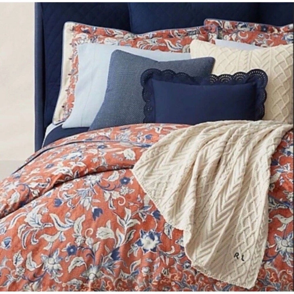 Ralph Lauren-Home- King Mirabelle Duvet Cover Floral Terracotta Blue NWT